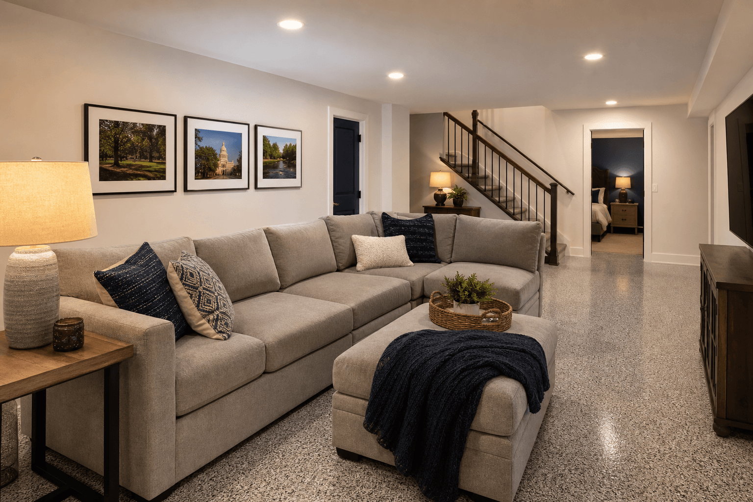Finished basement flake floor in an Ann Arbor remodel