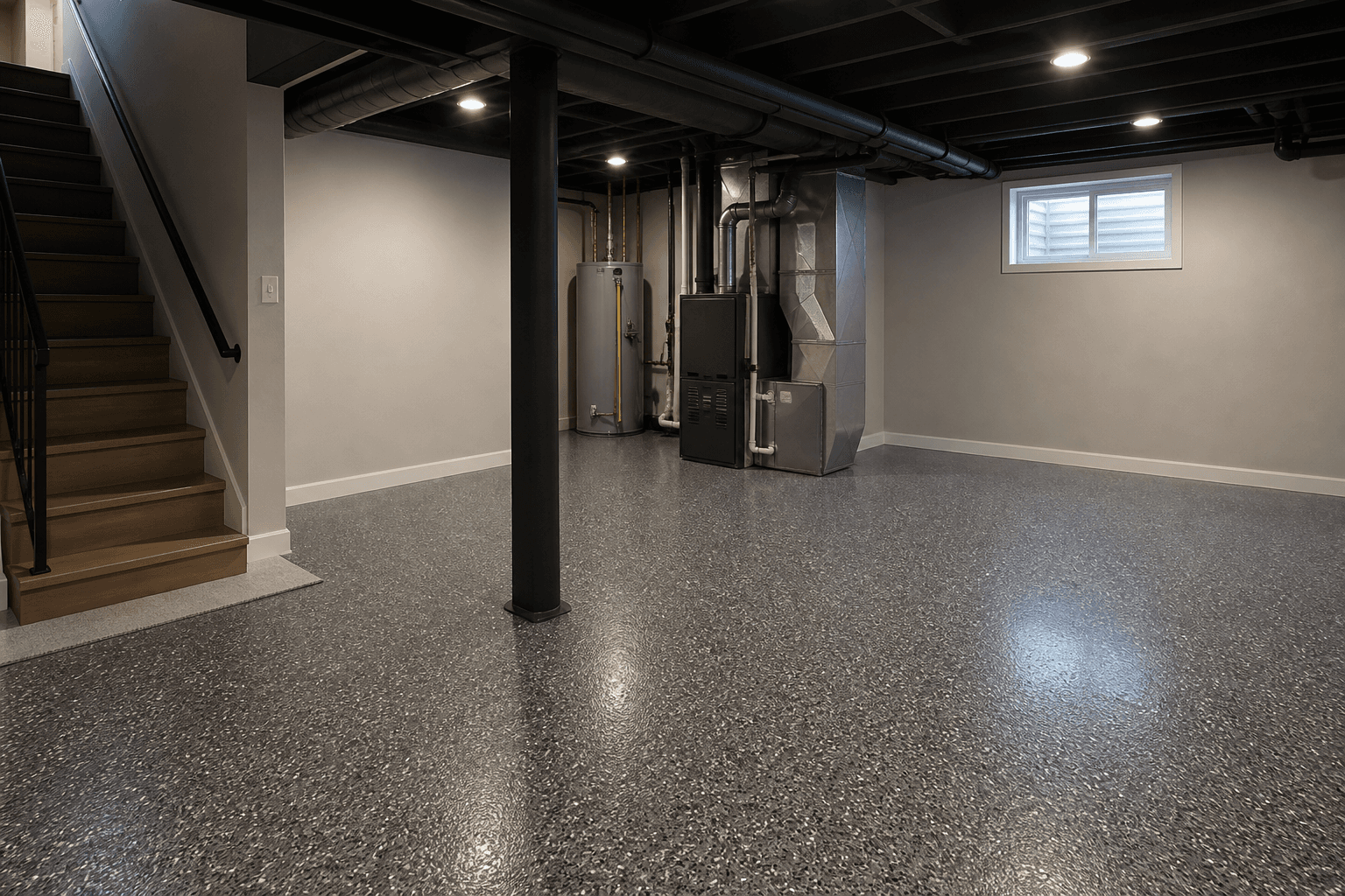 Basement utility room with dark epoxy flake finish in Washtenaw County