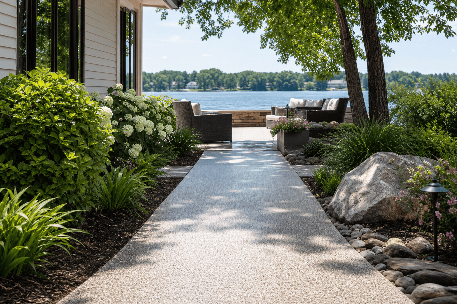 Finished outdoor patio epoxy coating at a Brighton lake home