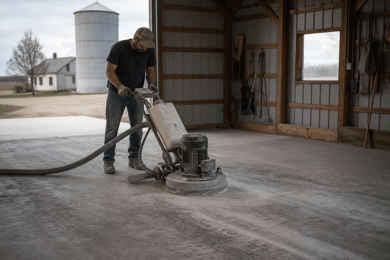 Garage floor prep grinding on a rural property near South Lyon