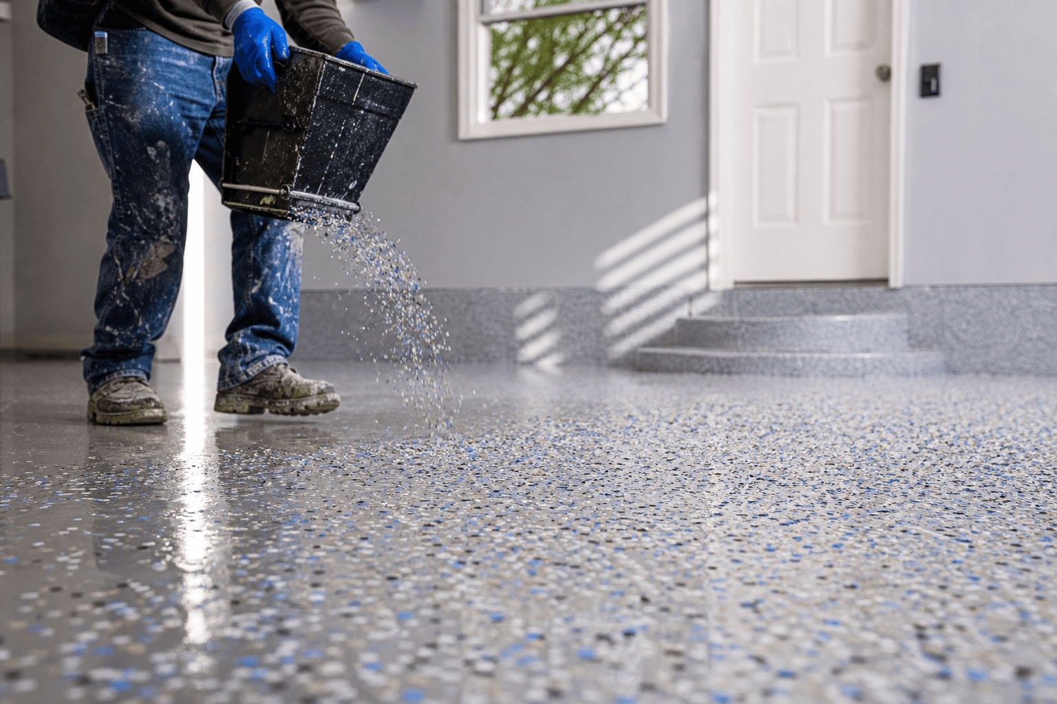 Spring garage floor install with flake broadcast in Northville