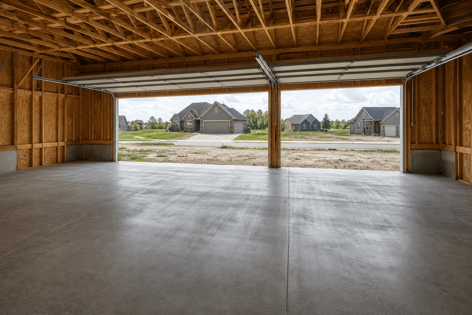 New construction three-car garage with raw concrete slab in Novi