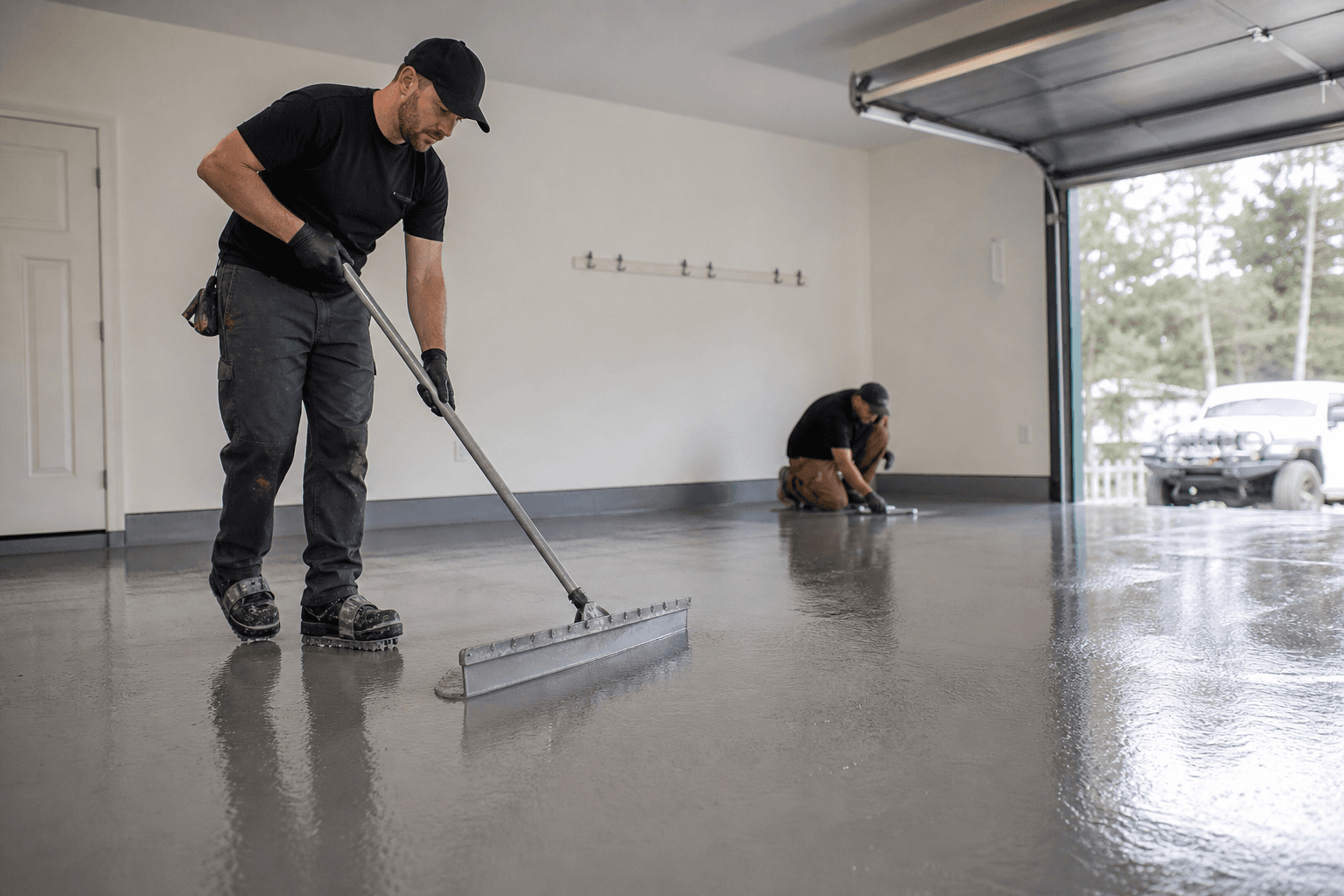 Close-up of flake broadcast on a freshly primed garage floor