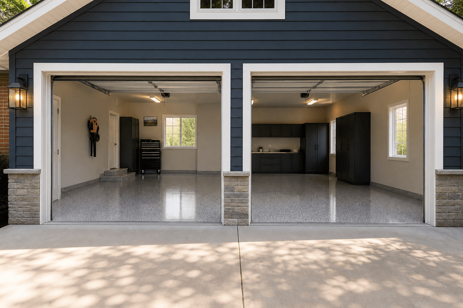 Three-car garage with cabinets and finished epoxy floor in Chelsea area