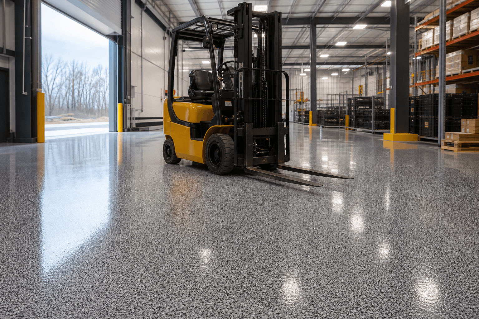 Finished commercial warehouse epoxy floor in Troy Michigan
