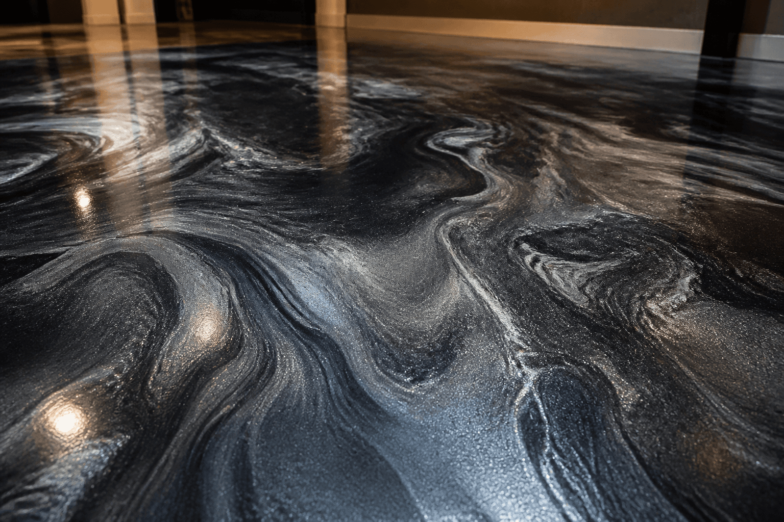 Dark metallic swirl epoxy garage floor in West Bloomfield