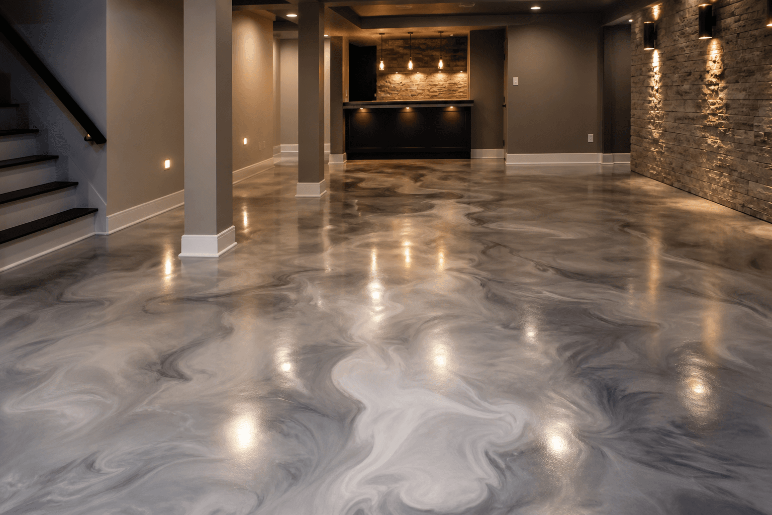Metallic epoxy basement floor with exposed ceiling in Oakland County