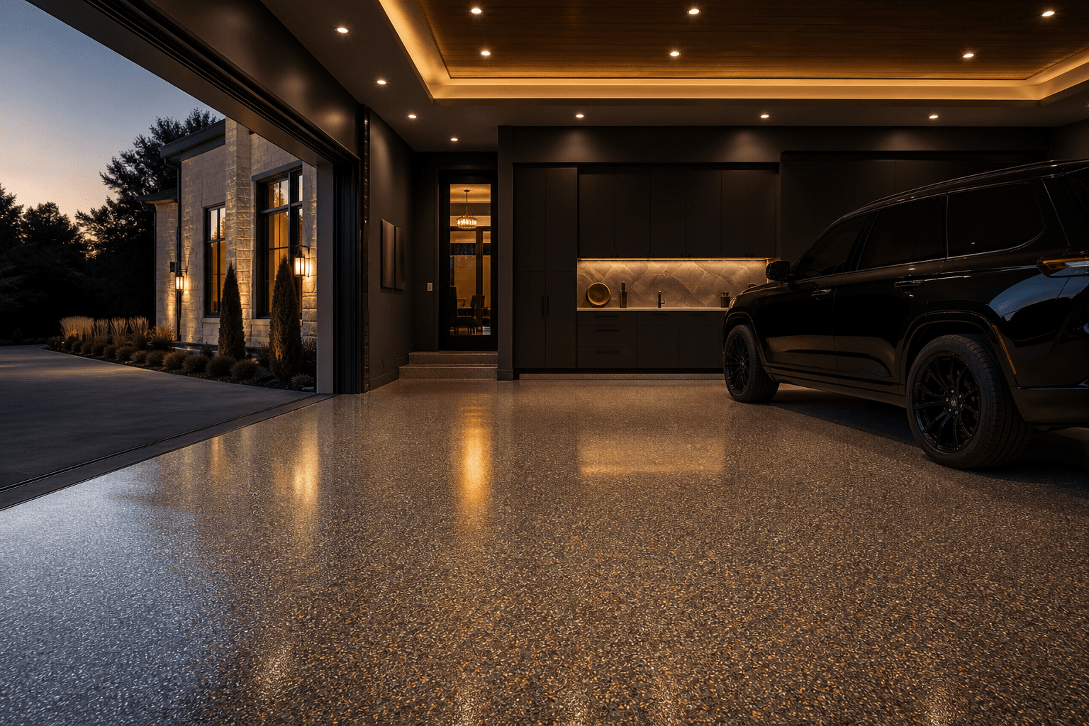 High-end Birmingham garage interior at dusk with metallic flake epoxy floor